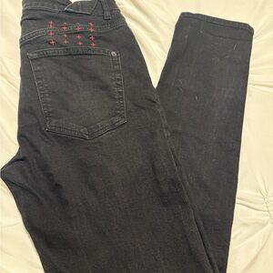 Ksubi Black Skinny Jeans with Red Cross Stitching